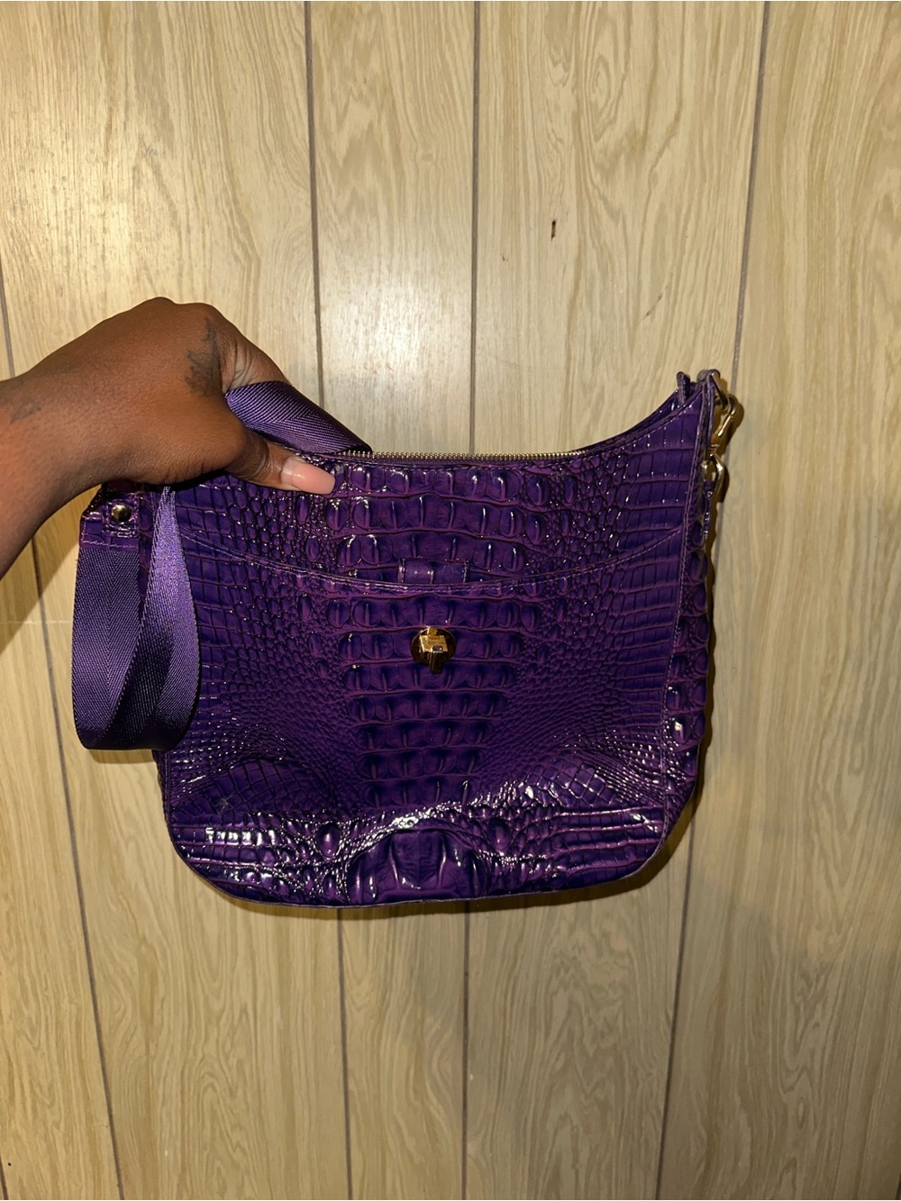 Brahmin Deep Purple Croc-Embossed Shoulder Bag with Gold Hardware